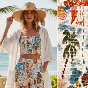 Club Z Collection Beach Tropical Strapless Cropped Smocked Tube Top Large NWT